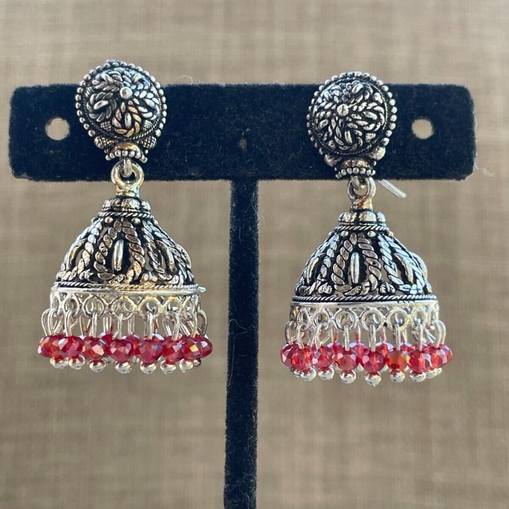 Jumka Earrings Silver Tone Fashion Jewelry Red Beads Drop Down Traditional Earri